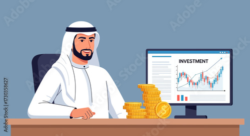 An Arab businessman analyzes investment charts on a computer with a stack of gold coins on his desk.
