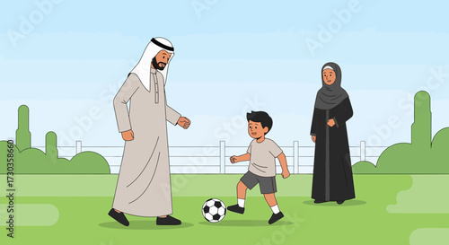 A father and son playing soccer in a park while the mother watches.
