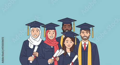 Diverse group of graduating students in caps and gowns, holding diplomas, smiling against a blue background.