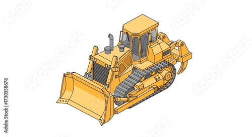 Isolated yellow bulldozer illustration with detailed line work on white backdrop