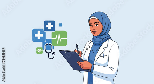 A female doctor in a hijab, writing on a clipboard, with medical icons.