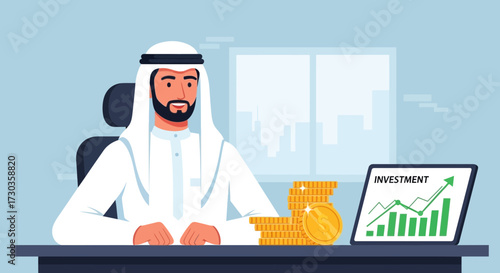 Arab businessman in traditional attire, sitting at a desk with a laptop showing investment growth.