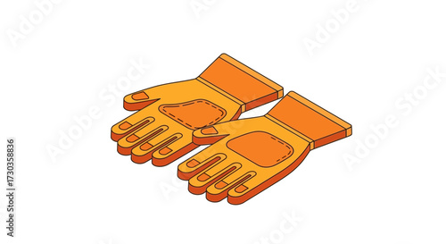 Isometric illustration featuring a pair of vibrant orange work gloves isolated