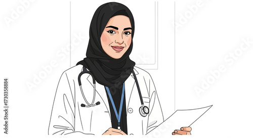 Illustration of a smiling female doctor wearing a hijab and lab coat, holding a document.