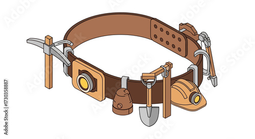 Isometric illustration of a brown mining belt with attached equipment details