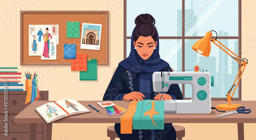 A woman wearing a hijab sits at a desk sewing with a sewing machine, surrounded by design materials.