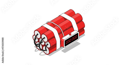 Isometric illustration of a red dynamite stick bundle with digital timer