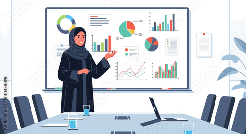 A woman in traditional attire presenting business data on a whiteboard in a conference room.