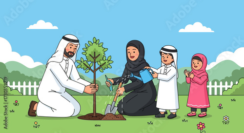 Family planting a tree together in a garden. The mother waters the tree while the father and children assist.