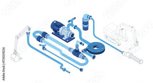 Isometric illustration of the pumping water equipment for construction activity
