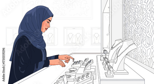 A woman in a hijab examines jewelry in a display case at a shop.