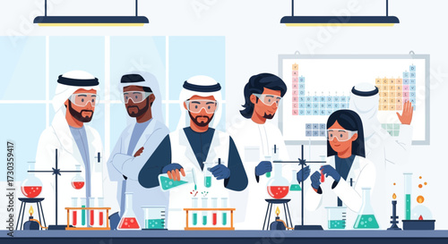 A diverse group of scientists in lab coats conducting experiments with various beakers and flasks.