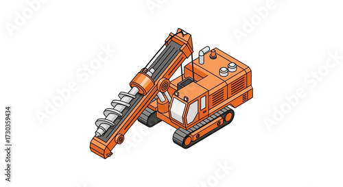 Isometric Orange Foundation Drilling Rig on White Background for Construction