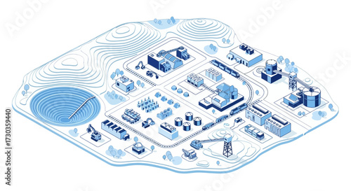 Isometric mining complex illustration portraying industrial operations, blue tint