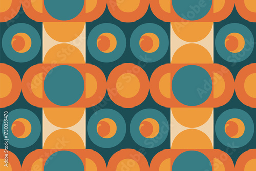 Retro geometric pattern with warm orange and teal circles and squares