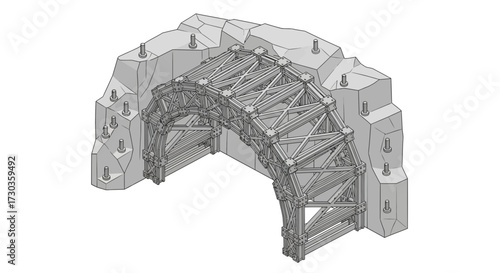 Isometric perspective of archway and cave entrance with structural support