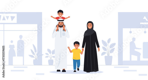 A Muslim family of four, including a father with a child on his shoulders, walking together in a bright, modern setting.