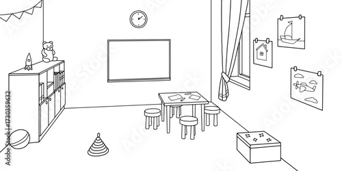 Preschool classroom graphic black white interior sketch illustration vector 