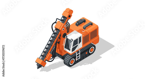 Isometric vector illustration of an orange piling rig equipment for construction