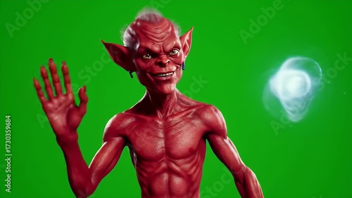 Enchanting Red Imp Character Waving Cheerfully Isolated by Green Screen A Playful Fantasy Creature with Earrings and Textured Skin Isolated on Green Screen Perfect for Digital Compositing