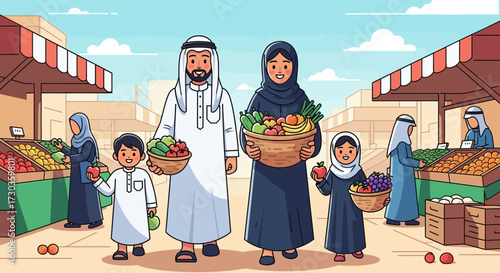 A Muslim family shops at an outdoor market, carrying baskets filled with fruits and vegetables.