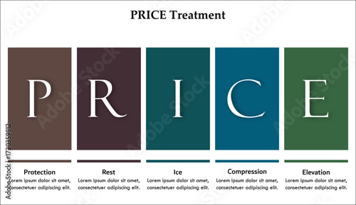 PRICE Treatment - Protection, Rest, Ice, Compression, Elevation. Infographic template with icons and description placeholder