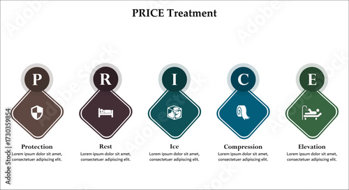 PRICE Treatment - Protection, Rest, Ice, Compression, Elevation. Infographic template with icons and description placeholder