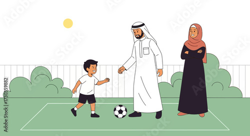 A family of three plays soccer together on a sunny day, enjoying leisure.