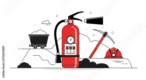 Mining safety illustration with fire extinguisher and protective equipment