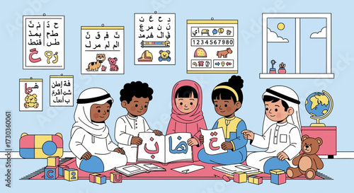 Children in traditional clothing sit on a rug in a classroom, learning Arabic with flashcards and educational posters.
