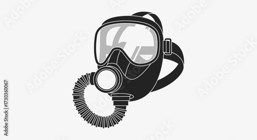Monochrome Vector Illustration of a Full Face Gas Mask with Hose