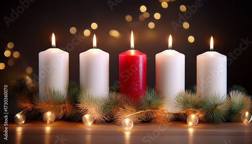 Four White Advent Candles In A Row That Are Lit With A Red Unlit Christ Candle In The Center And Garland Below