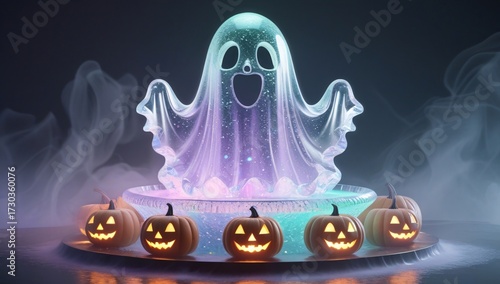 3d ultra realistic render of a fountain shaped like a ghost made of crystal, glowing with pastel lights