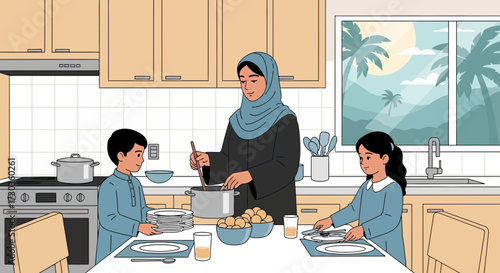 A mother in a hijab prepares a meal with her children in their kitchen.