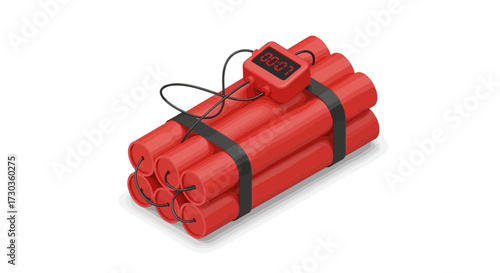 Red dynamite sticks with timer and black band, isolated on white background