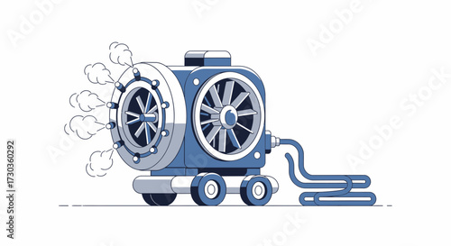 Retro-futuristic machine with wheels and steam, isolated on white backdrop