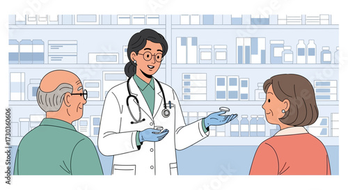 A pharmacist explaining medication to two elderly patients in a pharmacy setting.