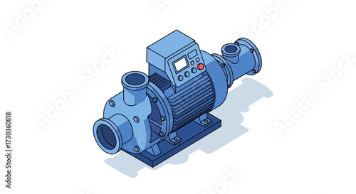 Stylized isometric industrial water pump system on a plain white backdrop