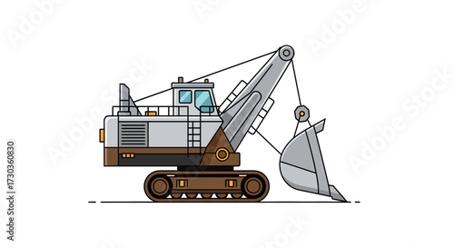 Stylized line drawing illustration of heavy machinery excavator, mining equipment
