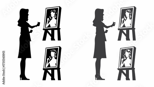 Creative artist silhouette at work, painting a portrait in her studio, artistic talent, modern design, inspiring creativity and imagination for visual arts