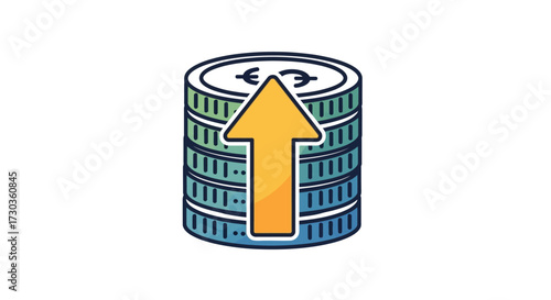 Illustrative euro coins stack with an upward-pointing arrow showcasing financial growth