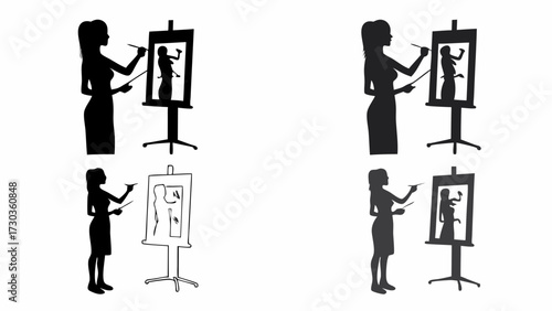 Creative artist at work, silhouette of a woman painting on canvas, artistic expression, elegant design, perfect for art blogs or creative projects