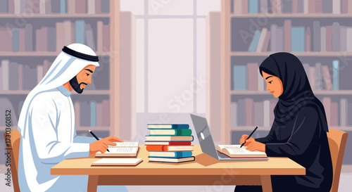 Two people in traditional attire, studying and writing at a table in a library, surrounded by books.