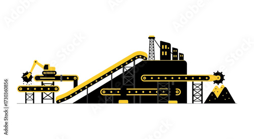 Stylized mining process illustration with heavy machinery and processing plant