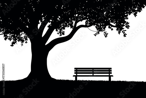 Solitary park bench rests peacefully under the shadow of a large, silhouetted tree.