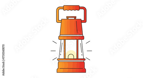 Stylized orange camping lantern emitting light on white background
