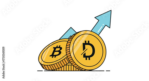 Illustrative Cryptocurrency Coins and Rising Arrow Symbolizing Economic Growth Trend