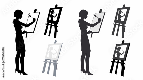 Elegant silhouette artwork featuring a poised artist painting her self-portrait on canvas, conveying creativity and artistic expression with modern style