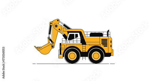 Stylized yellow excavator illustration on a bright white background