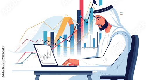 An Arab businessman, wearing traditional attire, analyzes financial data on a laptop, with charts in the background.